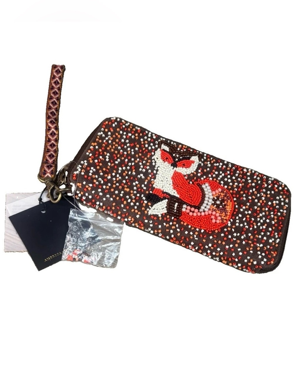 America & Beyond Fantastic Fox Beaded Wristlet Wallet NWT Hand Beaded Boho